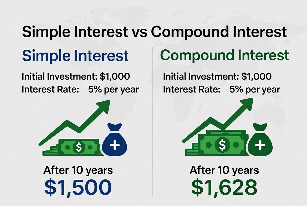 Comparison chart: Simple Interest vs Compound Interest growth over time