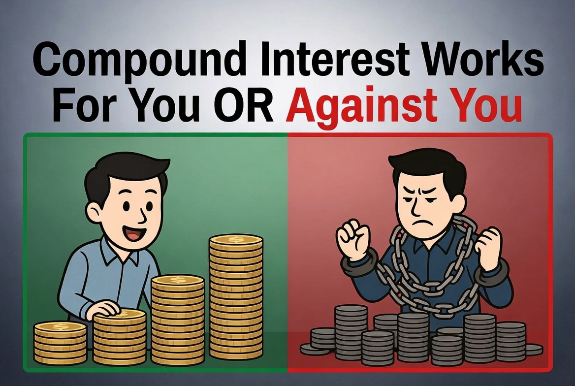 Warning visual showing how compound interest can work for or against you on savings vs debt